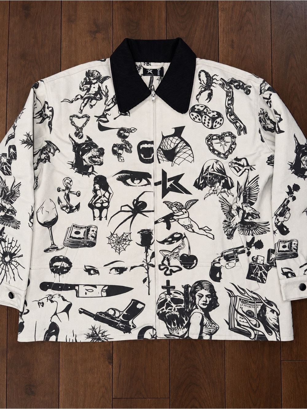 Rare WKND Riot Tattoo Flash Canvas Zip Jacket Cream Black NWT - Picture 2 of 5